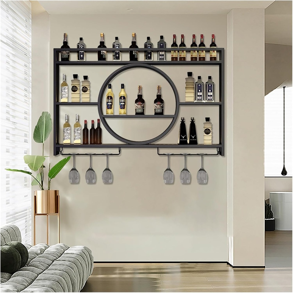 Modern Wine Rack Wall Mounted with Wine Glass Holder,Floating Bar Shelves,Liquor Bottle Display Shelf,Iron Bar Shelf for Liquor Bottle,Wine Storage Racks in Kitchen Wine Cellar,Bla