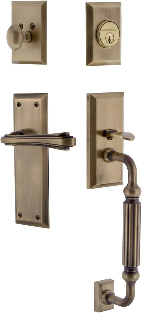 Nostalgic Warehouse New York Plate F Grip Entry Set Fleur Lever in Antique Brass