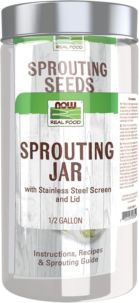 NOW Foods, Sprouting Jar with Stainless Steel Screen, Designed for Legumes, Seeds and Grains Sprouting, 1 Jar