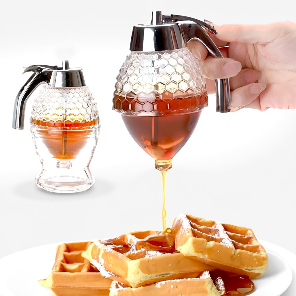 Fullish & Gry Premium Honey Dispenser with Stand - No Drips, No Mess - Honey Container 8 Oz - Maple Syrup Holder - Fresh Honey Mess-free - Easy Cleaning Honey Pot - Shaped Honey - Dishwasher Safe