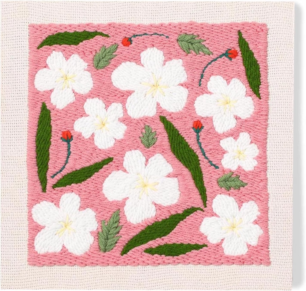 LB White Floral Punch Needle Kit Frame, Punch Needle Kits Adults Beginner Hand Embroidery Starter Kit with Flower Pattern and Instructions Punch Needle Embroidery Kit Include Embroidery Hoop Threads