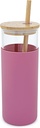 16 oz Glass Tumbler, Glass Tumbler with Straw and Bamboo Lid, with Silicone Protective Sleeve for Water, Tea, Iced Coffee (Pink)