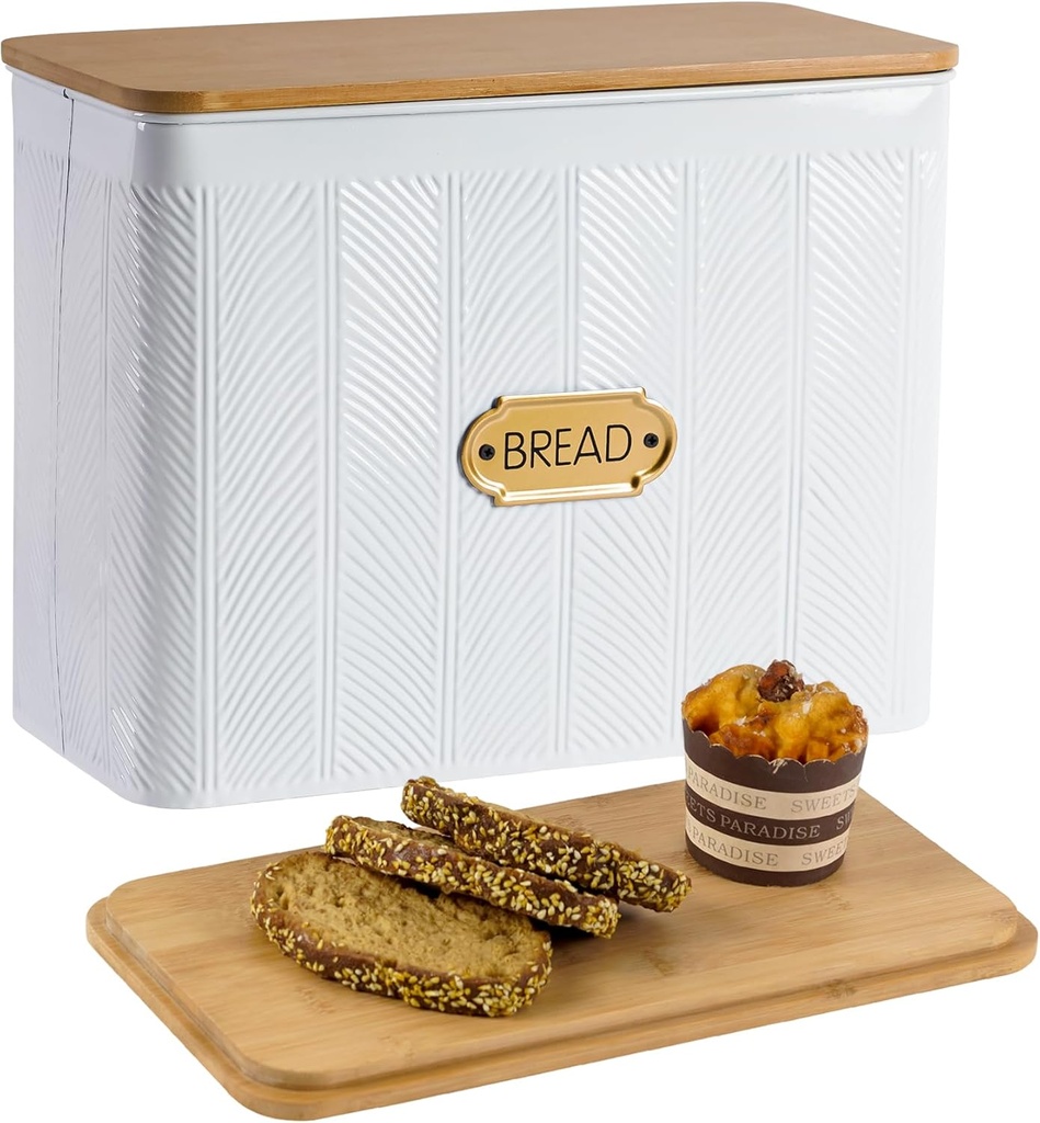 Extra Large Bread Box for Kitchen Countertop Corner Breadbox for Homemade Bread Metal White Diagonal Stripe Pattern Embossed Storage Container Bin with Bamboo Lid Fits 2 Loaves of Bread