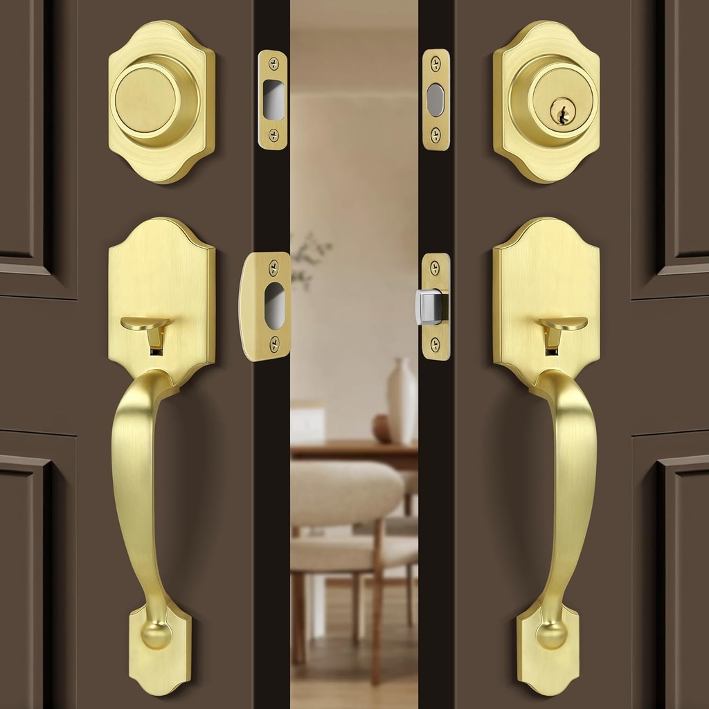 Double Front Door Handleset with Deadbolt – Brushed Gold Classic Entry Handle Set with Dummy, Reversible Lever, Zinc Alloy, Exterior Lock Set，Satin Brass