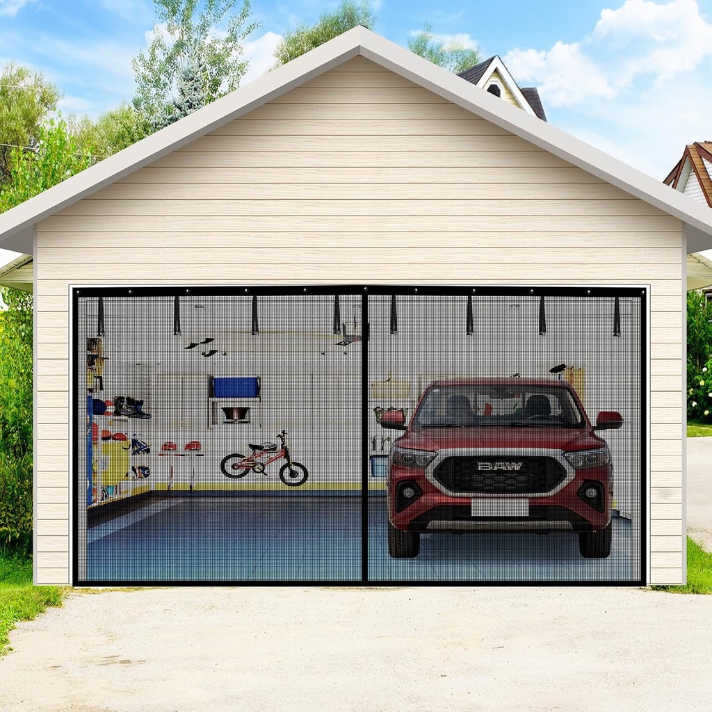 Aystkniet Garage Door Screen for 2 Car Garage 16x7FT, Heavy Duty Garage Net Screen with 8 Roll Up Straps, Hands Free Magnetic Screen Door for Garage, Patio, Terraces, Gym, Balconies, Porch