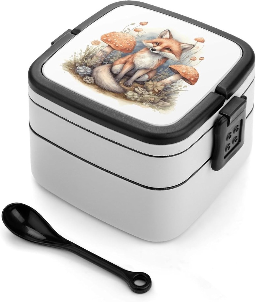 All-in-One Bento Box Stackable Leak-Proof Lunch Box With Carry Handle 2 Layer Portable Meal Prep Container Fox in Mushroom Grove Lunchbox with Utensils for Dining Out Work, Black
