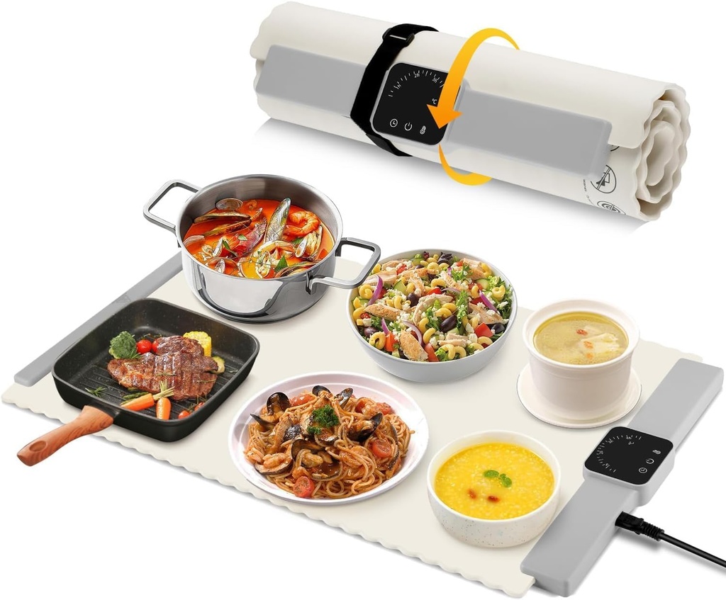 Electric Food Warming Mat - Rollable & Portable Food Warming Tray with 5 Adjustable Temperature Settings, Full-Surface Heating, 4-Hour Timer & Auto Shut-Off, Perfect for Parties, Buffet & Home Use
