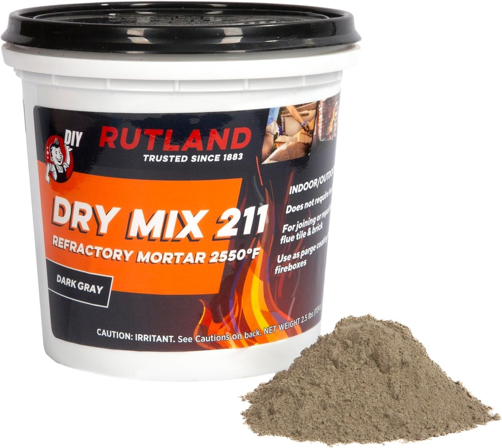 Rutland Dry Mix 211 Refractory Mortar 2.5 Pound - USA-Made High Temperature Mortar for Masonry - 2550°F Fire Cement Patch for Fireplace Brick, Fire Pit, Kiln, Forge & Pizza Oven Repair