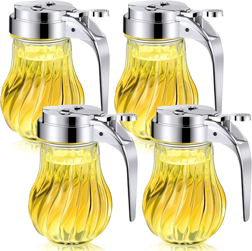 4 Pack Syrup Dispensers Glass Honey Jar Bottle Maple Sugar Dispenser 6 oz Retracting Spout Syrup Containers Pitcher For Milk Coffee Home Restaurant Kitchen Bar Oil Condiment (Delicate Style)