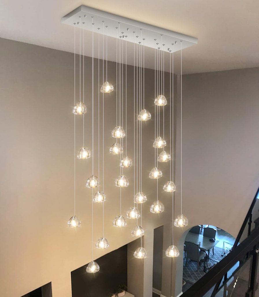 LED Rectangular Glam Chandeliers for Living Room Dining Room Light Dimmable High Ceiling Pendant Lights Fixtures Lighting 26-Lights Foyer Entryway Lighting Brushed Nickel