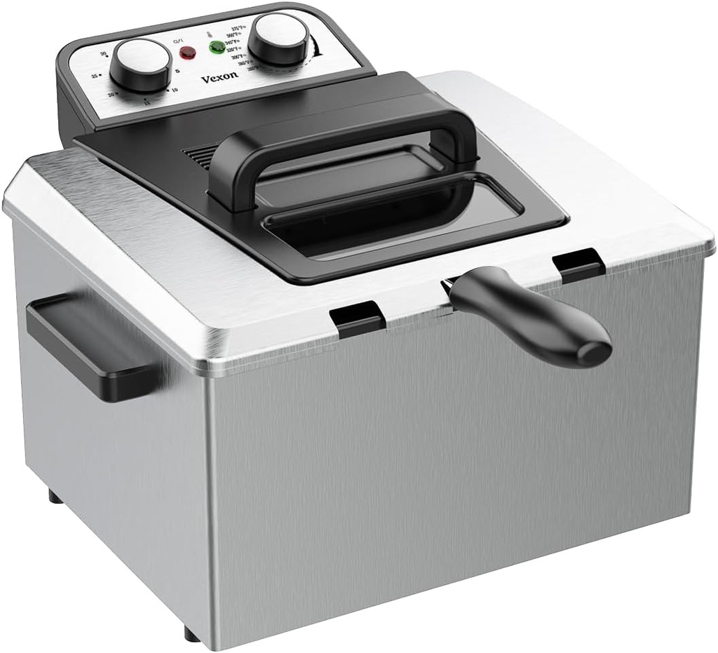 Vexon 5 Liters/21 Cups Deep Fryer, Electirc Deep Fryer with Baskets Home Use, 1800-Watt, Adjustable Temperature, Viewing Window (One Big Frying Basket, Stainless Steel, 5 Liters/21 Cups Oil Capacity)