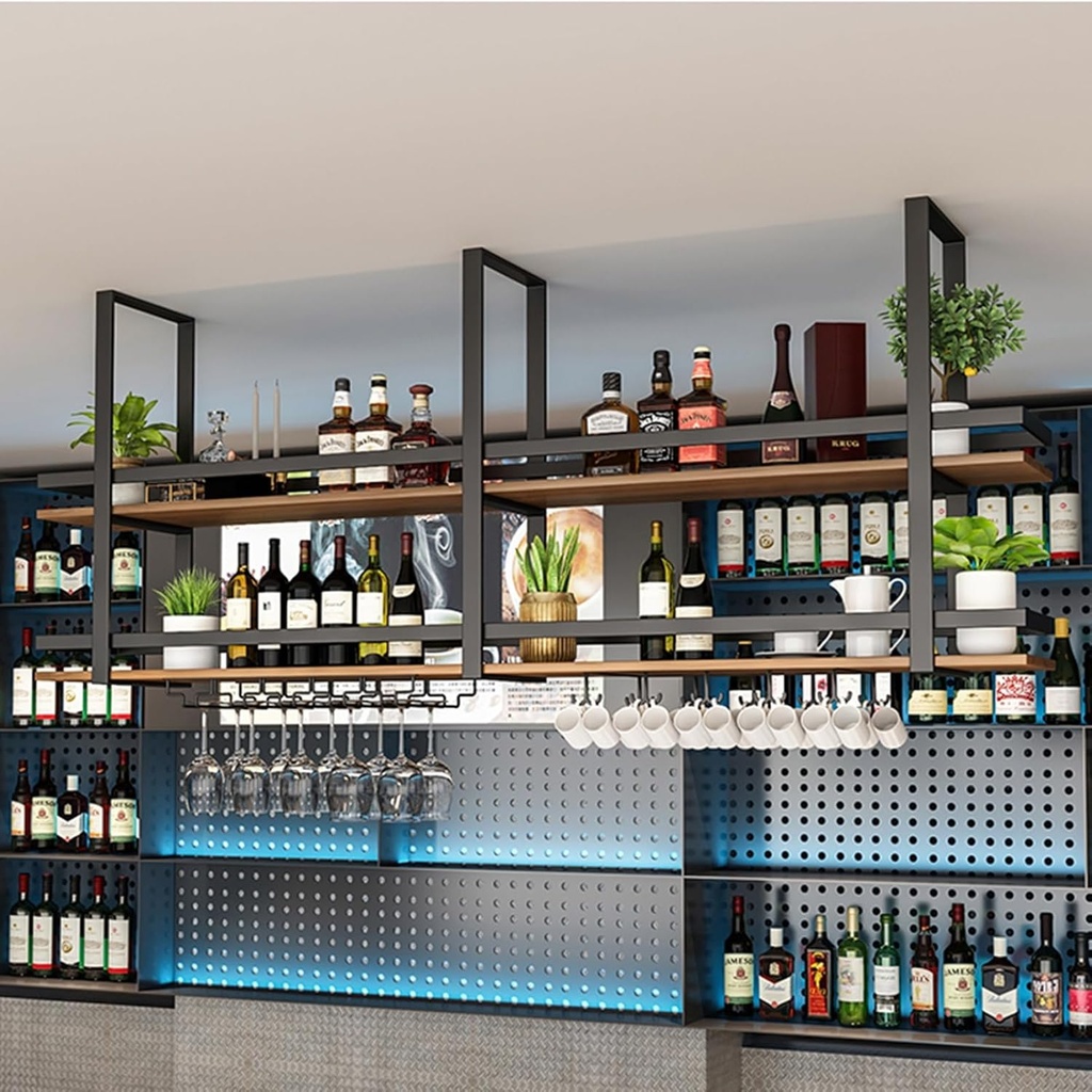 Ceiling Wine Racks, Wall Mounted Wine Rack and Glass Holder, Storage Display Shelf Organizer for Kitchen Pantry Cellar Bar Flower Shop(150x30x80cm)