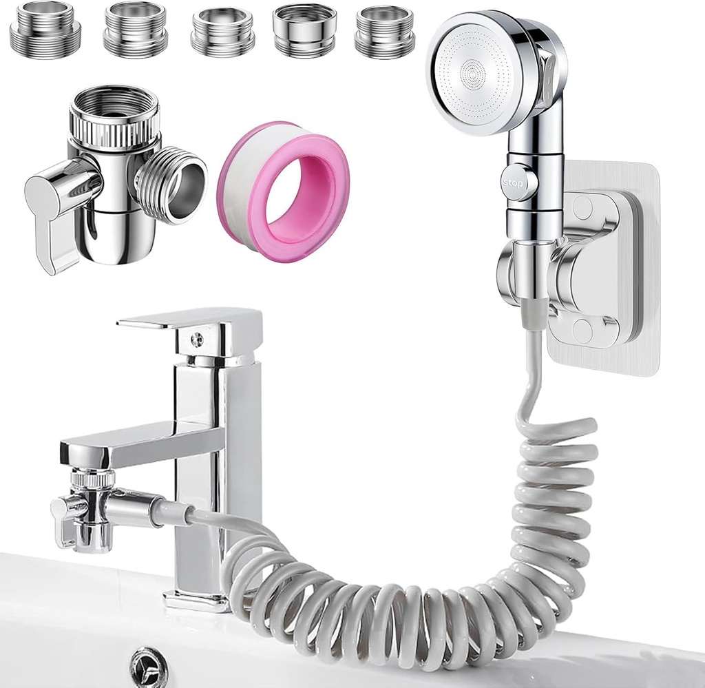 Sink Faucet Sprayer Attachment Set, Kitchen Bathroom Pet Bathing Shower Head with 9.8ft Hose and G1/2 / M22 / M24 / M26 / M28 Faucet Adapters, Hair Washing, Dog Shower