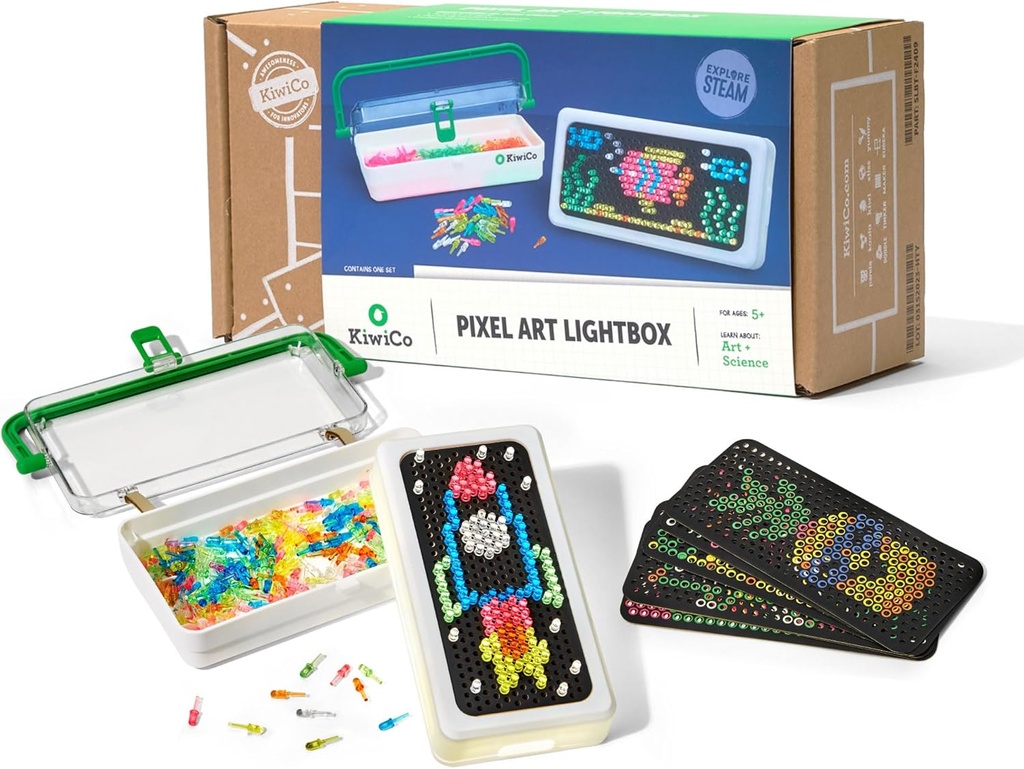 KiwiCo Pixel Art Kit for Kids 5-8 Years Old | DIY Arts & Crafts Lightbox with Reusable Templates, Illuminated Designs & 20+ Pixel Art Creations | Travel-Friendly Gift for Boys & Girls
