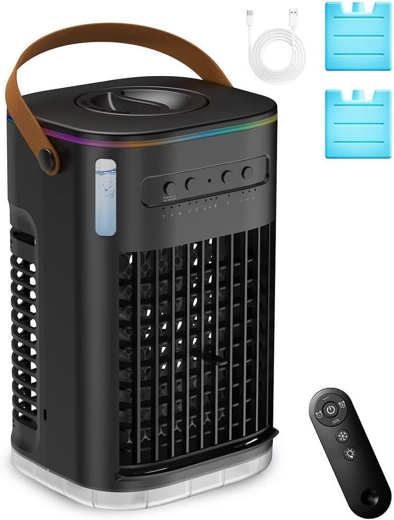 Small Air Conditioner Portable Ac Unit, Evaporative Air Cooler With 1.2L Water Tank, Personal Air Cooler with Remote, Powered by USB, Mini Air Conditioner for Car Desktop,Black No Battery