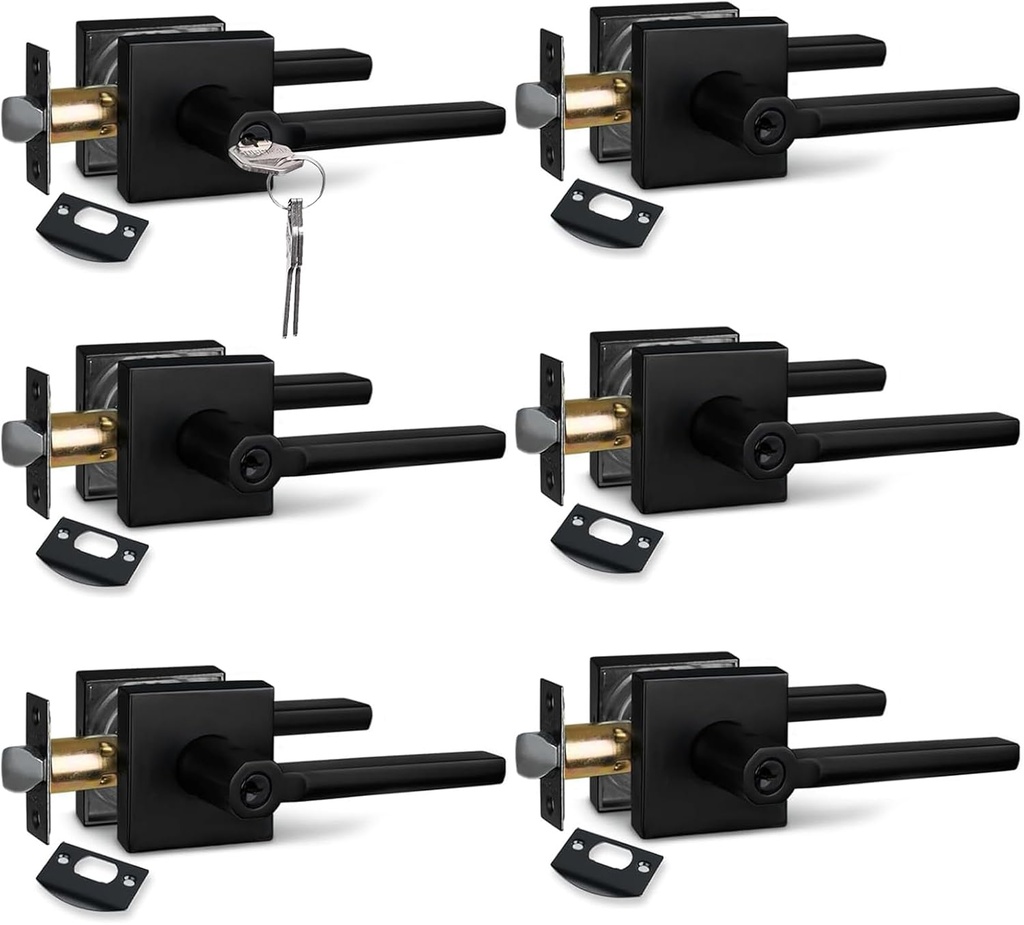 NEWBANG Square Same Key（Keyed Alike ） Keyed Entry Door Handle in Matte Black (for Entrance/Exterior/Front/Office Door) Left or Right Handed