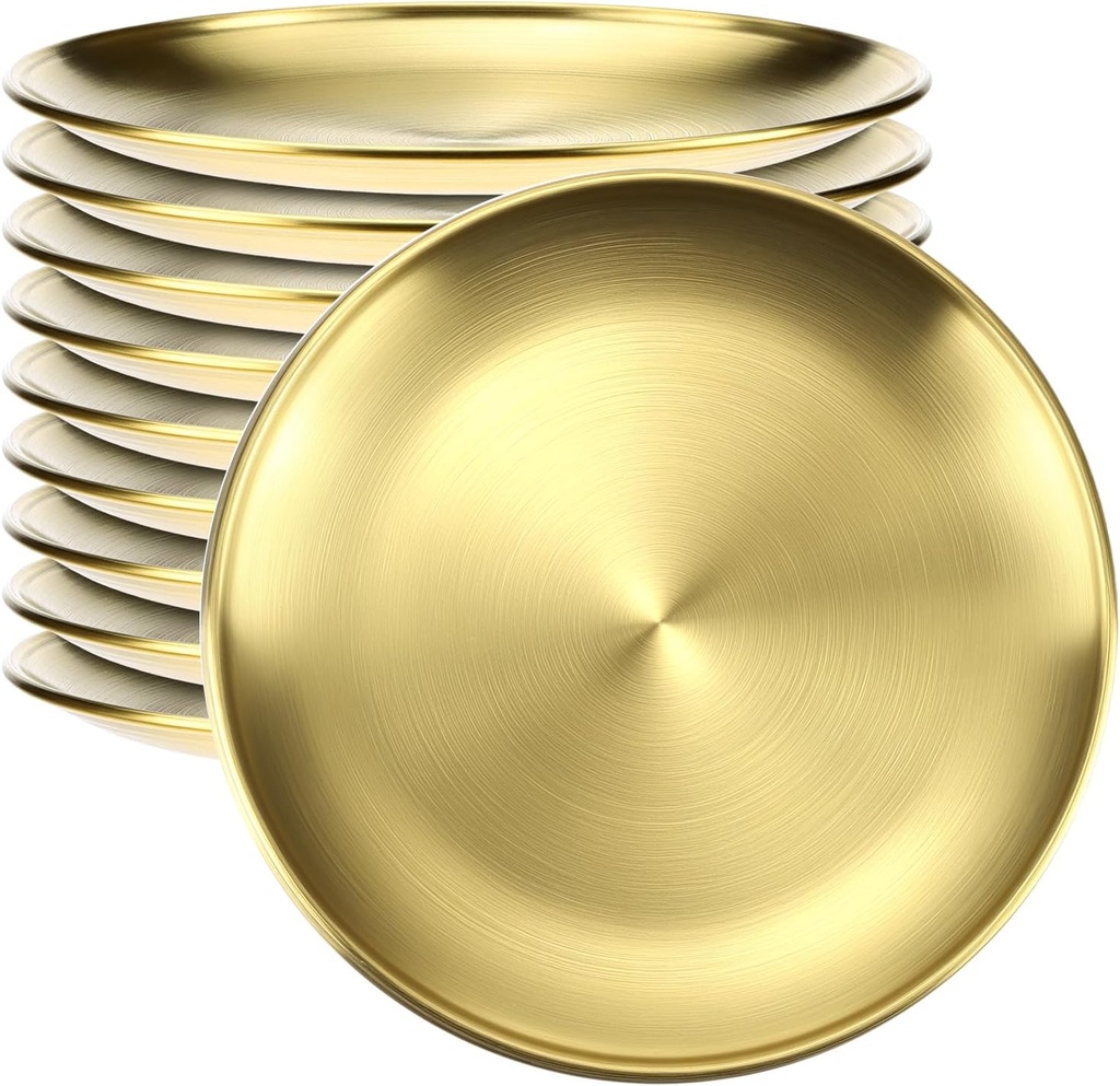 QWORK Gold 304 Stainless Steel Plates, Set of 10, 8 Inch Round Dessert, Dinner Dishes, Camping Plates, Stackable & Dishwasher Safe Serving Flat Plate