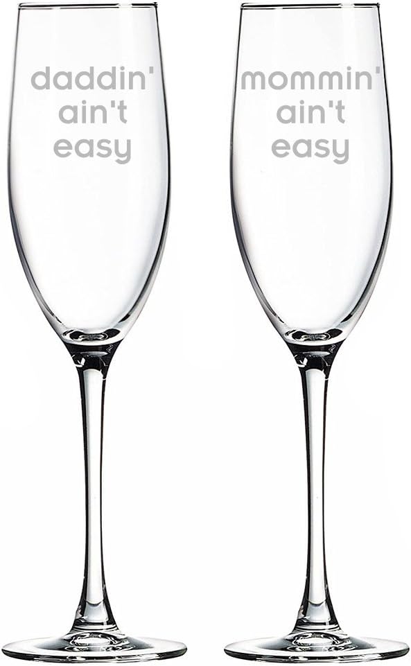 Daddin' Ain't Easy and Mommin' Ain't Easy Champagne Toasting Flute Glasses, Set of 2