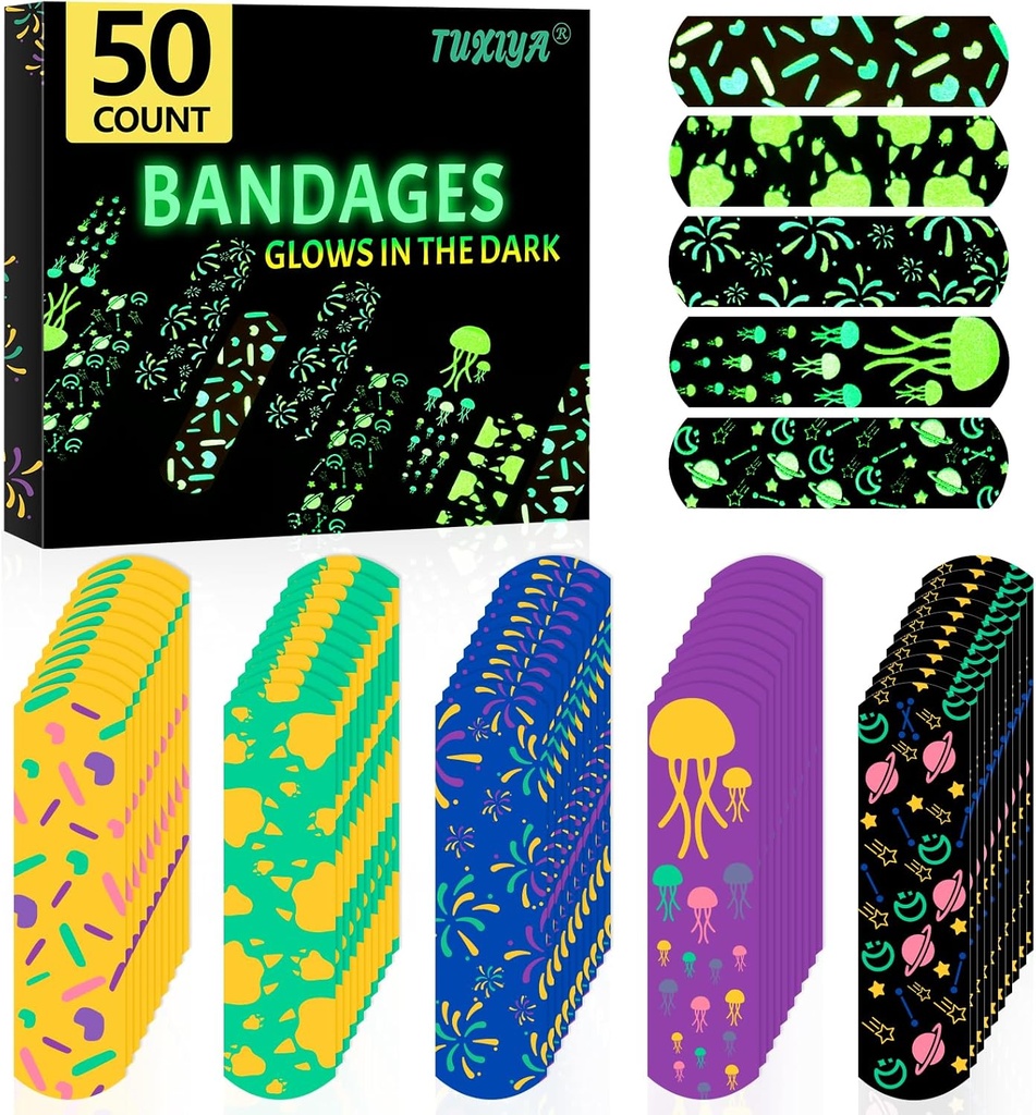 50 Count Kids Bandaids, Glow in The Dark & Waterproof Bandages, One Size Cute Bandaids for Kids and Adults, 5 Styles Adhesive Bandages for Minor Cuts, Scrapes, Wounds and First Aid
