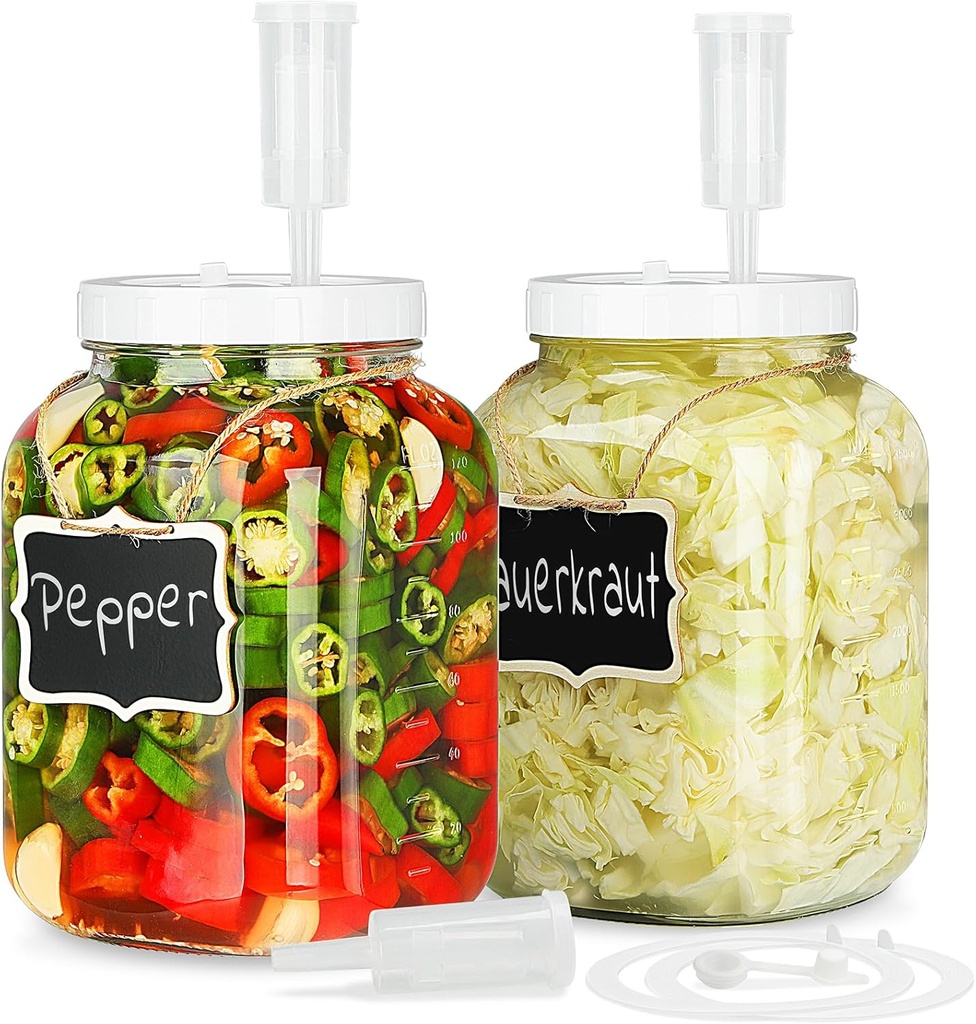 2 Pack 1 Gallon Large Fermentation Jars w 2 SCREW Lid and 3 Airlock - 100% Airtight Lid, Wide Mouth Glass Jar, Pickle Jar w Scale Mark for Sourdough Starter