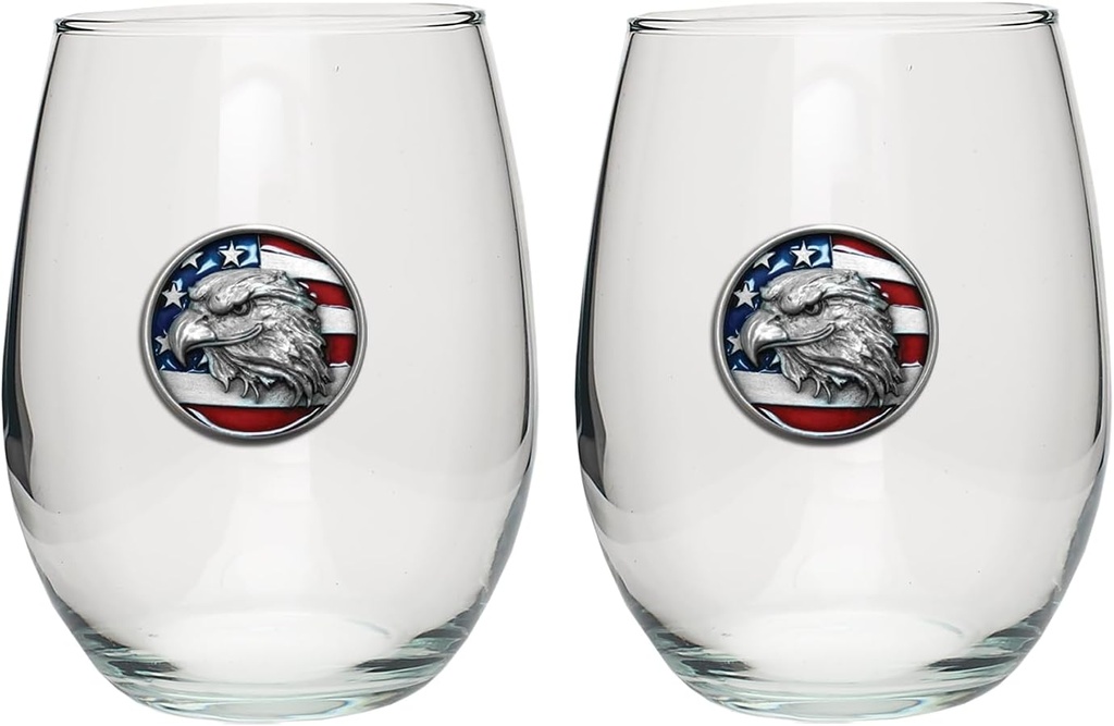 Heritage Pewter Eagle Head with Flag Stemless Glass Goblets – Set of 2 | 15 OZ Goblet Wine Glasses | Expertly Crafted Pewter Glass