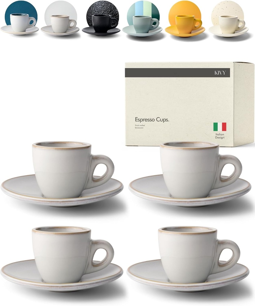 KIVY 3 oz Espresso cups set of 4 - Thick walled stoneware espresso cup set - Italian style espresso cups and saucers - Demitasse cups set of 4 - Small coffee mugs - Demitasse cups and saucers sets
