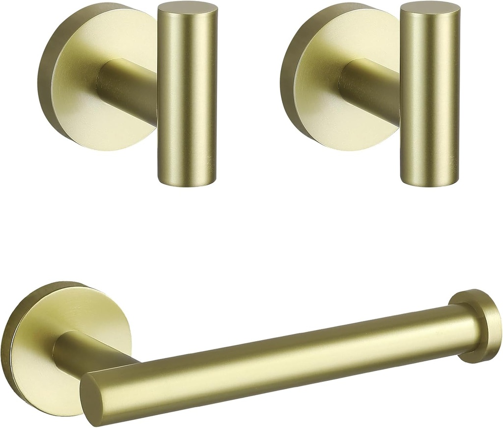 TURS Brushed Gold Toilet Paper Holder 2 Towel Hooks SUS304 Stainless Steel 3-Pieces Bathroom Accessories Kit Wall Mounted