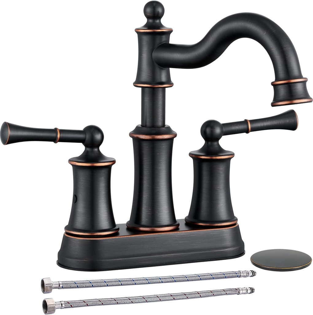 Roman Bathroom Sink Faucet Deck Mount or Wall Mount Installation Pop-up Drain Assembly with Overflow Deck Plate and Water Supply Lines Included (2 Hole Deck Mount, ORB)