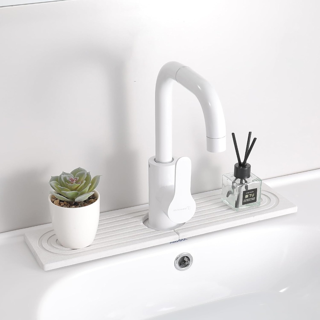 Diatomite Sink Splash Guard – Super Absorbent Kitchen & Bath Mat, Quick-Dry Non-Slip Drying Tray, Fits Most Faucets, Pet Bowl Mat, Vase Holder (White, 15.8'' x 4'')
