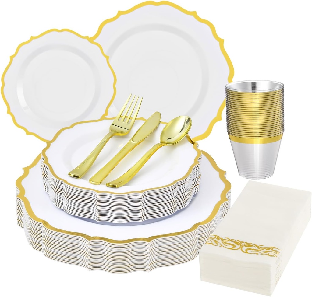 175 Plastic Dinnerware Set,Gold Disposable Dinnerware Set for 25 Guests Include 50 Plastic Plates,25 Silverware Set,25 Cups and 25 Napkins for Christmas,Party,Wedding