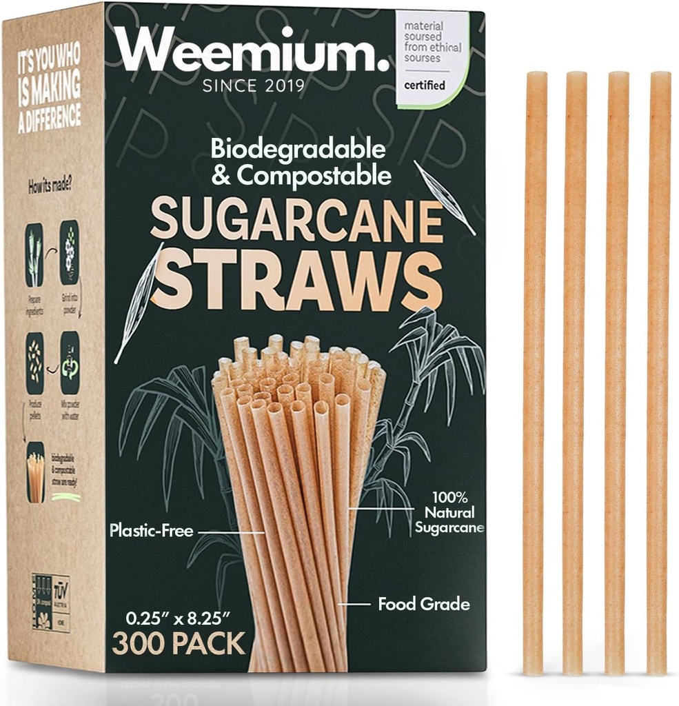 Weemium Sugarcane Straws [300 Pack] 8.25" | FSC Certified 100% Compostable Straws Disposable for Warm and Cold Drinks | Plastic-free & Biodegradable Packaging | Eco friendly made with Sugarcane Fiber