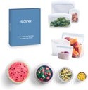 Stasher Premium Silicone Reusable Food Storage Bags and Stretch Lids 10-Pack, Clear, Airtight Seal, Food Containers & Covers, Boxed Starter Kit, BPA Free, Leak-free, Dishwasher Safe, Eco-Friendly