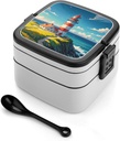 Personalize Double Layer Bento Box Lighthouse Diamond Paint Lunch Box - Durable, Leak-Proof with Spoon Adult Premium Bento Case for Work Travel Camping