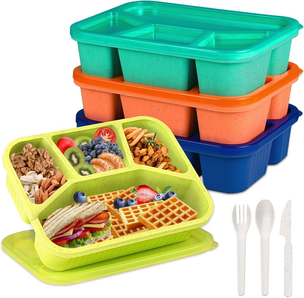 4 Pack Bento Box Lunch Boxes for Adults, 4 Compartment Meal Prep Containers with Lids, Reusable Bento Box Snack Containers for Work, Travel, Picnic, Microwave & Dishwasher Safe