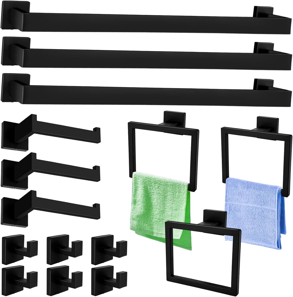 15 Pcs Matte Black Bathroom Hardware Set, 23.3 Inch Bath Towel Bar Set,Towel Rack Square Towel Bar Set, SUS304 Stainless Steel Towel Racks for Bathroom Wall Mounted, Heavy Duty Towel Holder Set