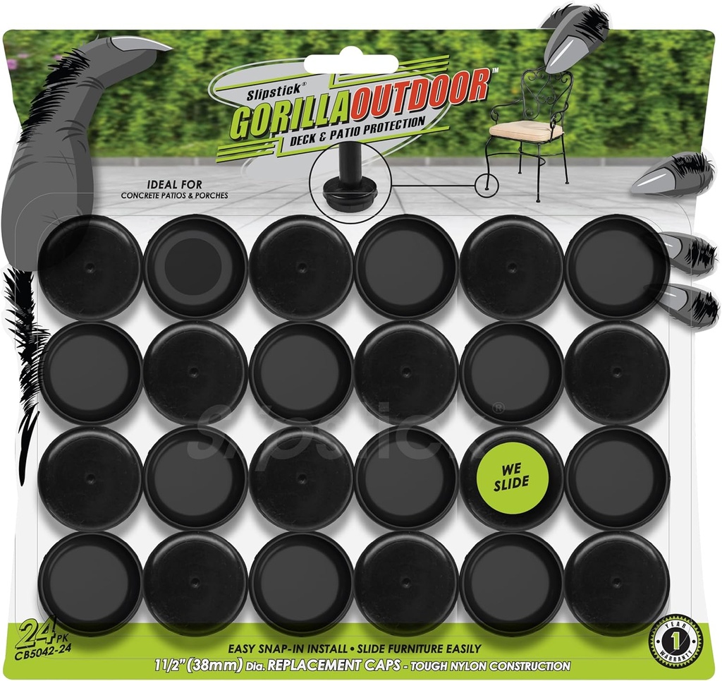 Slipstick Gorilla Outdoor 1-1/2 Inch Patio Chair Leg Caps for Wrought Iron Furniture (24 Pack) Floor Protecting Replacement Feet Glides for Metal Tables and Chairs, Nylon Sliders