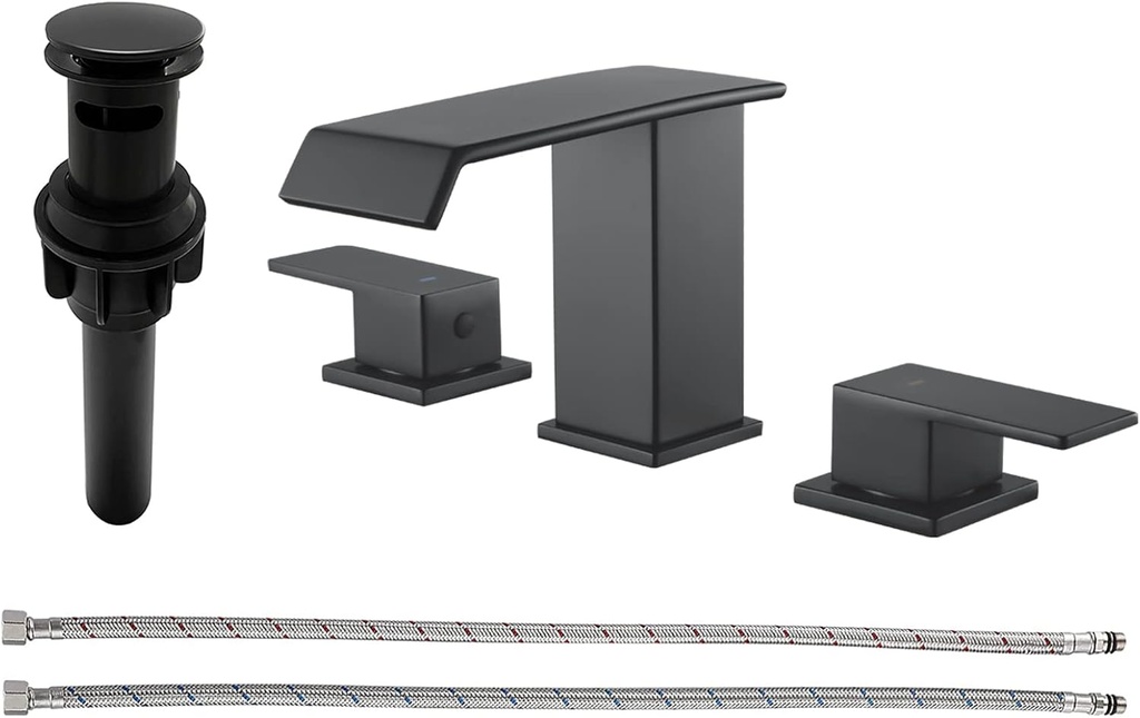 Matte Black Bathroom Faucets for Sink 3 Hole Widespread Waterfall Vanity Faucets Basin Faucet with Pop-Up Drain 8 inch Bathroom Lavatory Faucet