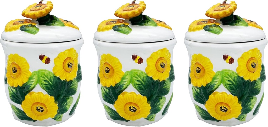 ACK 3D Sunflower 3pc Hand Painted Ceramic Canister Set with Lid, Kitchen Storage Jar, Food Storage Container, Airtight Storage Container With Rubber Seal for Coffee, Tea, Sugar, Flour