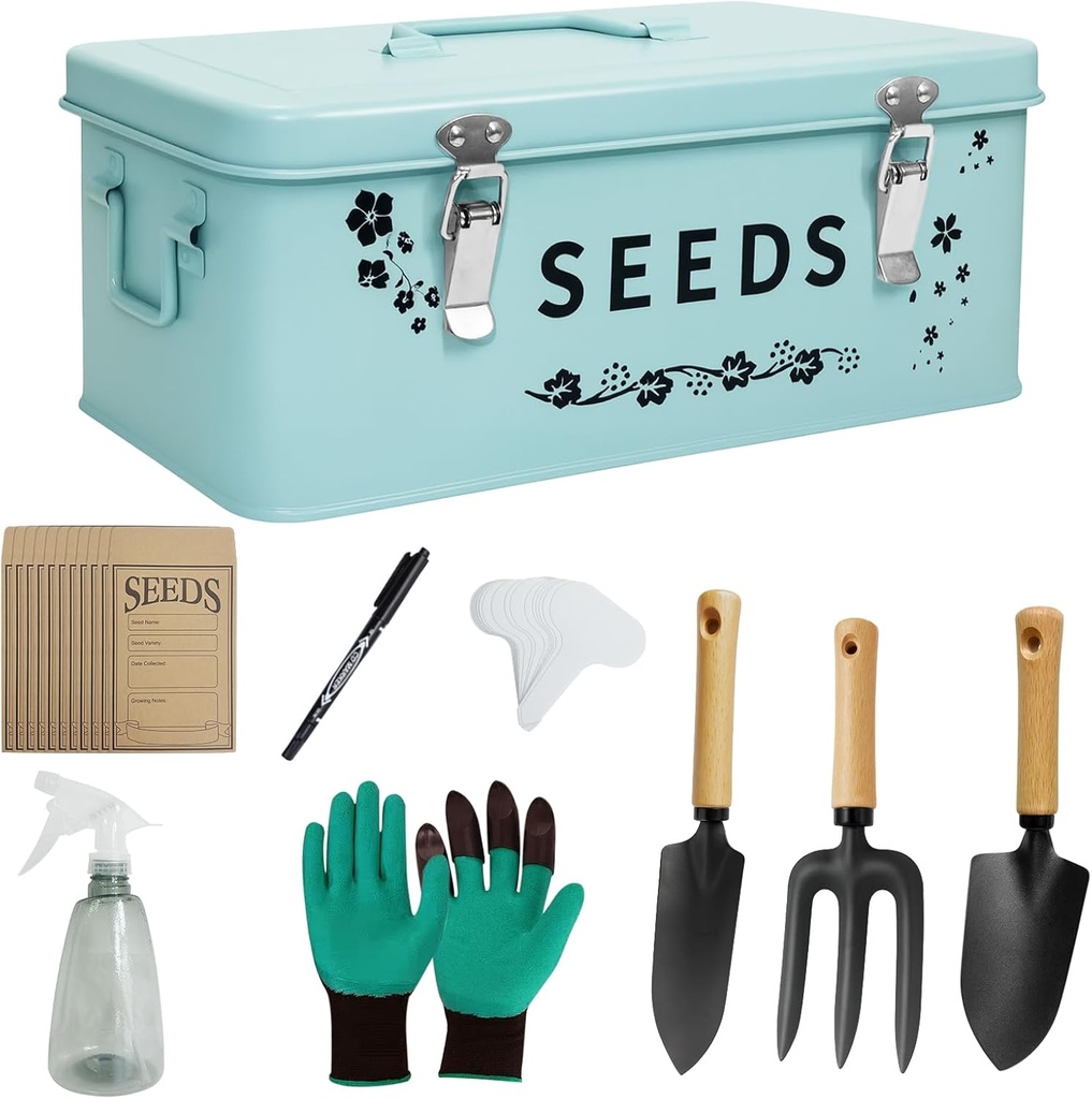 8 in 1 Seed Storage Garden Seed Organizer with Gardening SuGarden Tool Set Box with Safety Locks 4 Compartments Ideal Gardening Gifts for Women and Men