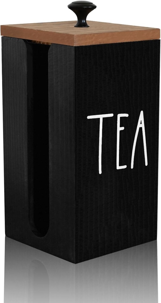 Farmhouse Wood Tea Caddy - Tea Bag Storage Organizer with Lid, Great for Tea Bars and Gifts (Black)