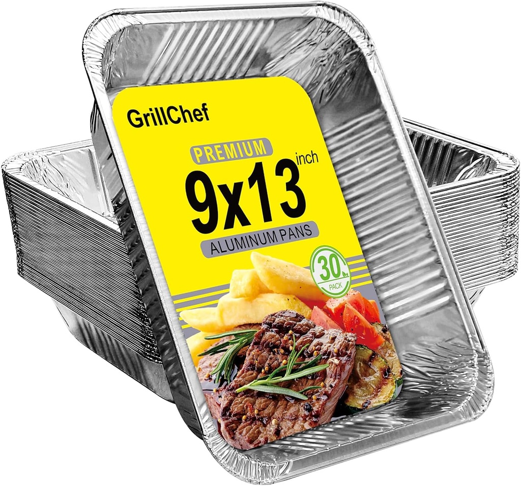 GrillChef Aluminum Foil Pans, Disposable 9x13 Baking Pans, 30 Pack Tin Foil Holders Half Size for Cake, Steam Table, Cooking, Heating, Storing, Aluminum Trays Heavy Duty