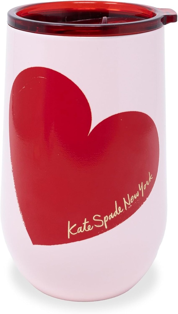 kate spade new york Insulated Stainless Steel Wine Tumbler, 16 Ounce Double Wall Tumbler, Pink Stemless Travel Cup with Lid, Sweet Hearts