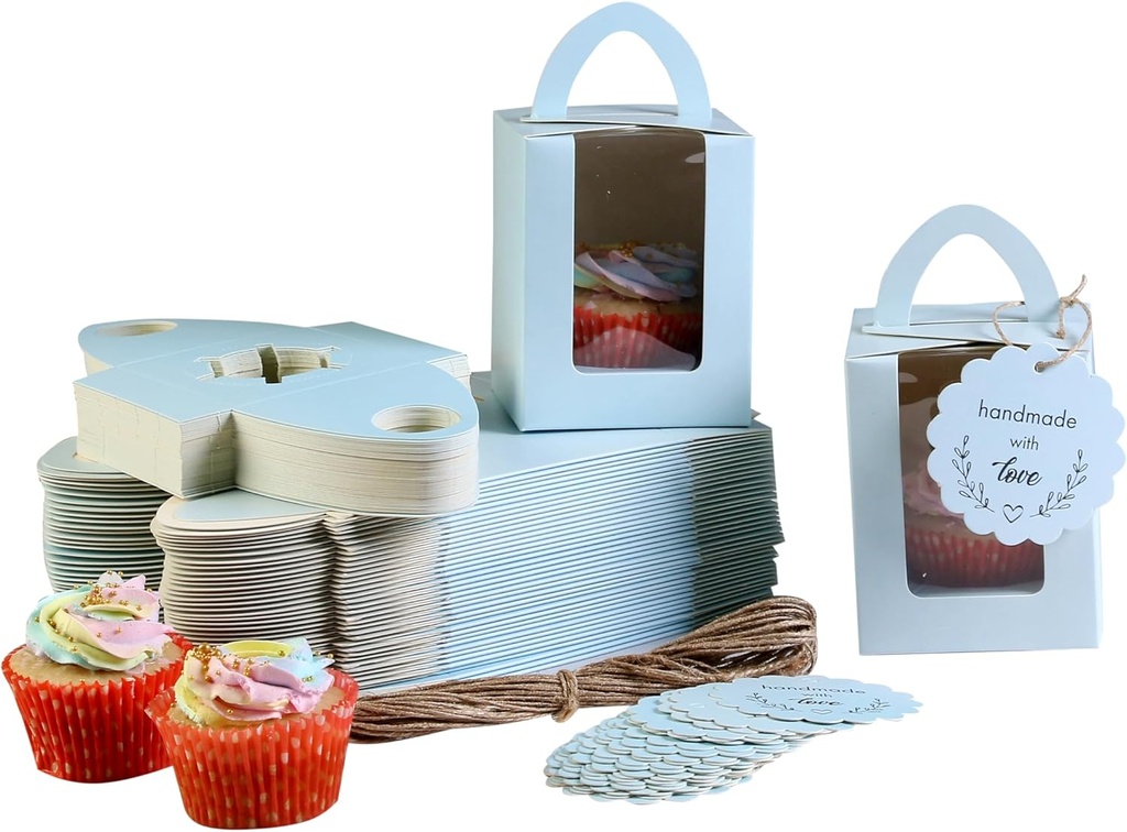 Individual Cupcake Boxes, Single Cupcake Containers, Cupcake Carriers with Handle, Clear Window, Insert Trays, Tags and Jute Twine (Blue, 50pcs)