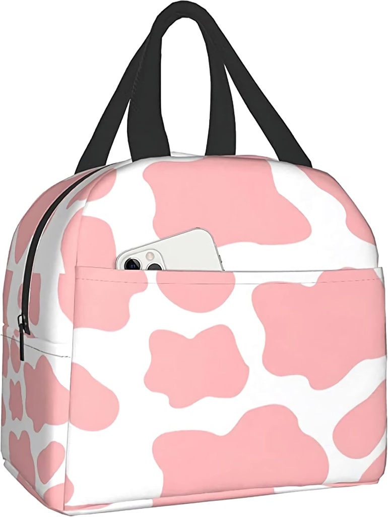 carati Insulated Lunch Box, Reusable Lunch Box Waterproof Lunch Tote for Picnic Office School, Pink Strawberry Cow Print