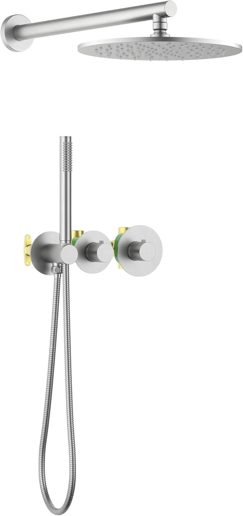 KIBI Circular Brushed Nickel Thermostatic Shower System – Rainfall & Handheld Shower Head Set | 2-Function Shower Faucet Set with Rough-In Valve | Solid Brass Build & Temperature Control (KSF410BN)