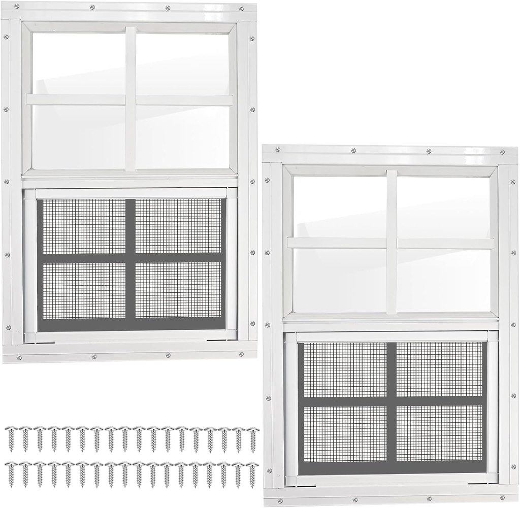 2 Pack Shed Windows 12x18, Flush Mount Sliding Windows with Tempered Glass & Fiberglass Screen, Small Window with 41 Screws for Chicken Coop, Playhouse, Basement, Bathroom, Garage, Barns (White)