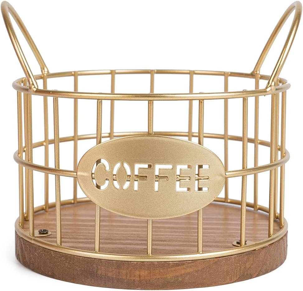 Coffee Pods Holder for Countertop, K Cup Holder Organizer, Sturdy Kcup Storage Basket with Wooden Base , Pod Container For Kitchen Bar Counter Office Desktop (Gold)