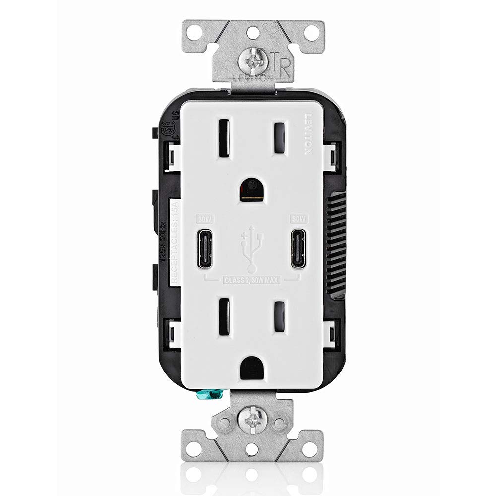 Leviton 30W (6A) USB Dual Type-C/C Power Delivery In-Wall Charger with 15A Tamper-Resistant Outlet, USB Charger for Smartphones, Tablets, Laptops, T5635-W, White