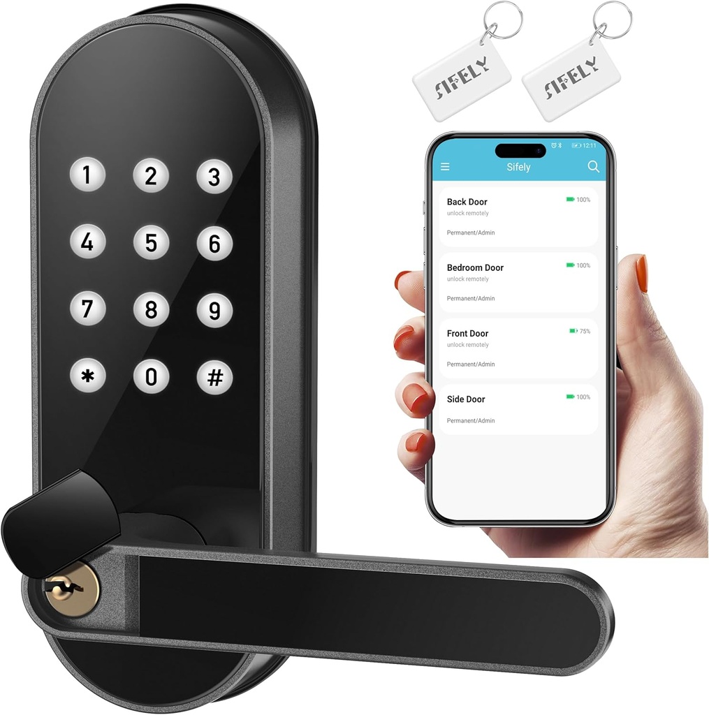 Keyless Entry Keypad Electronic Door Lock: Sifely Digital Smart Lock with Code, Electric Deadbolt Door Knob/Handle for Front, Interior, Exterior & Bedroom Doors (Black, App Control, No Fingerprint)