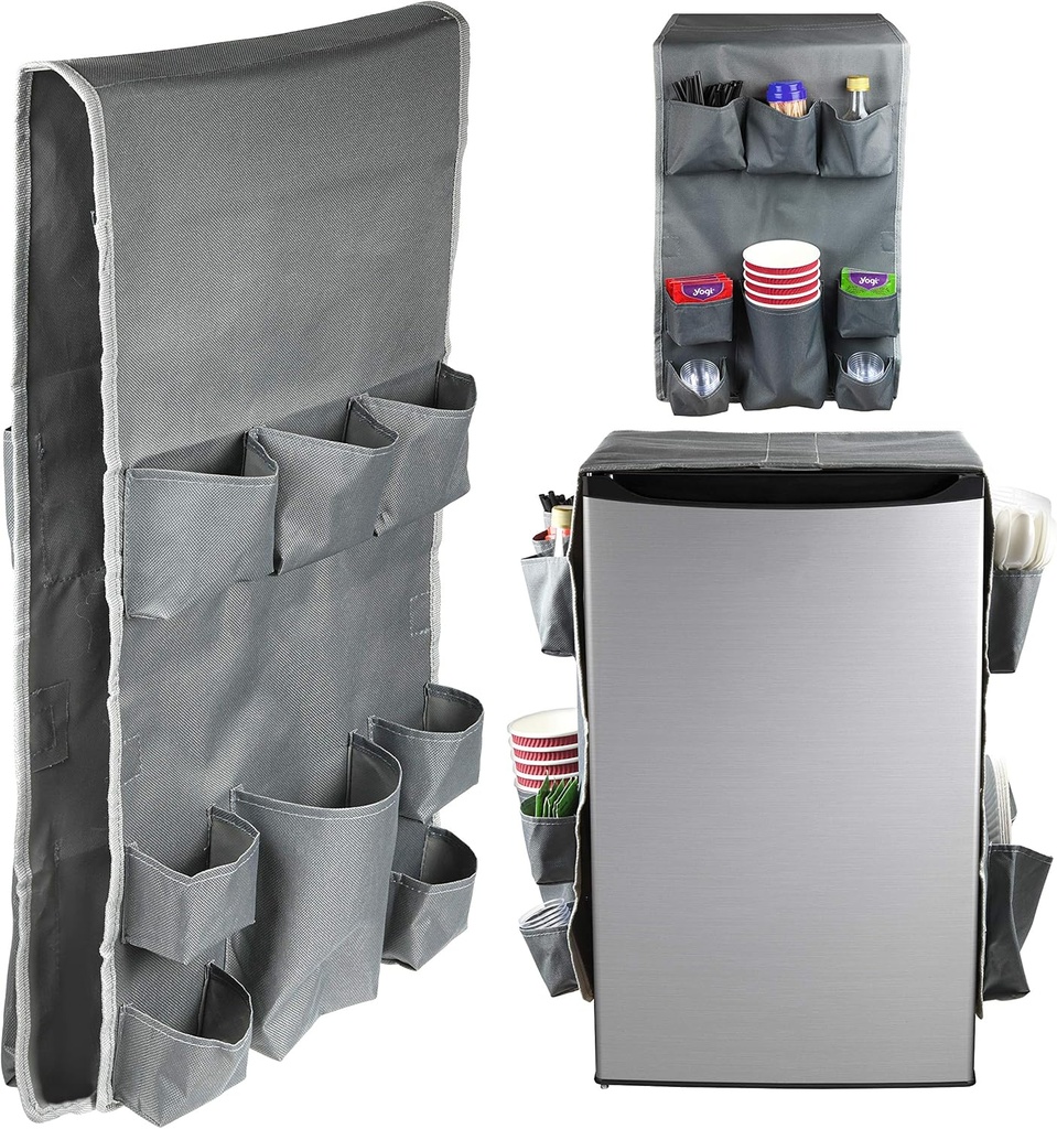 Classic Design – Dorm and office Double Over the Fridge Caddy Organizer, 11 Pocket Storage and Paper Goods Organizer, Flatware Storage Organizer, Gray